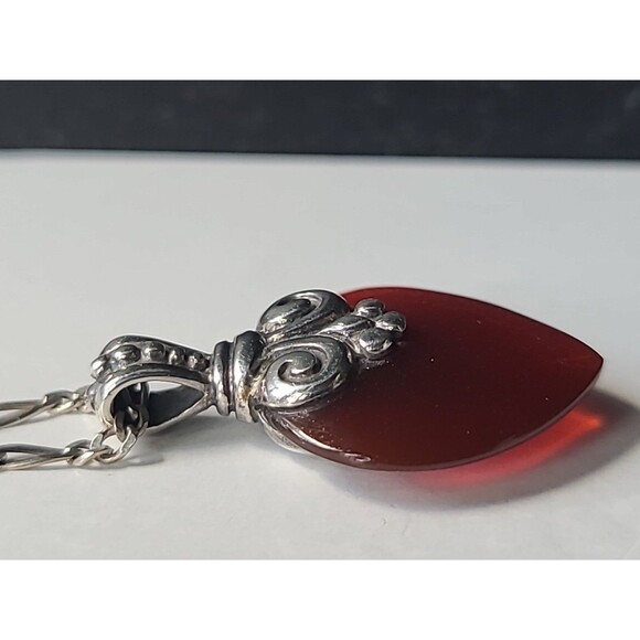 925 Sterling Silver Red Glass Scrolls Heart Shaped Pendant Necklace Vintage,READ - Picture 5 of 10